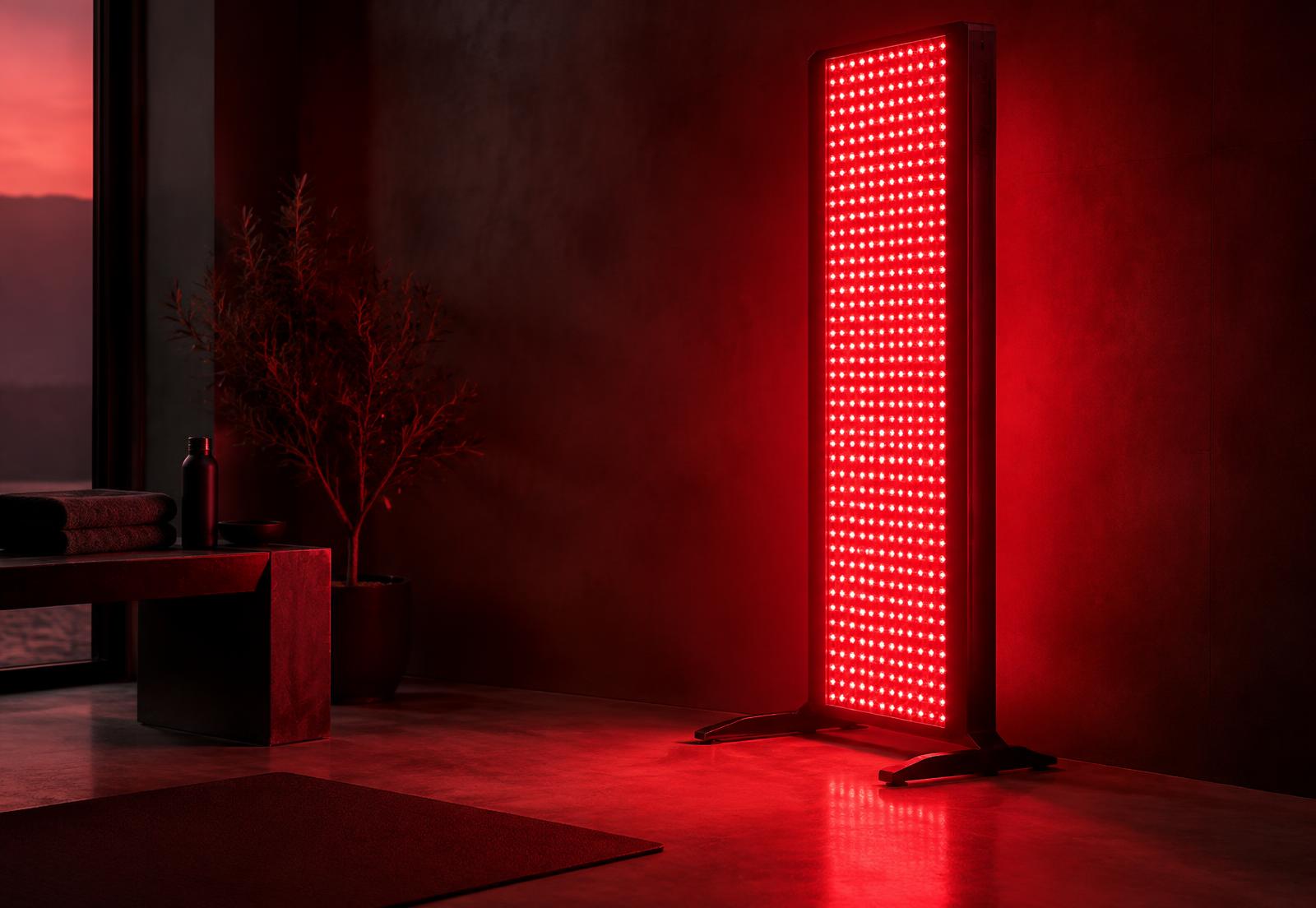 Rubeon full-body red light therapy panel glowing in a dark studio